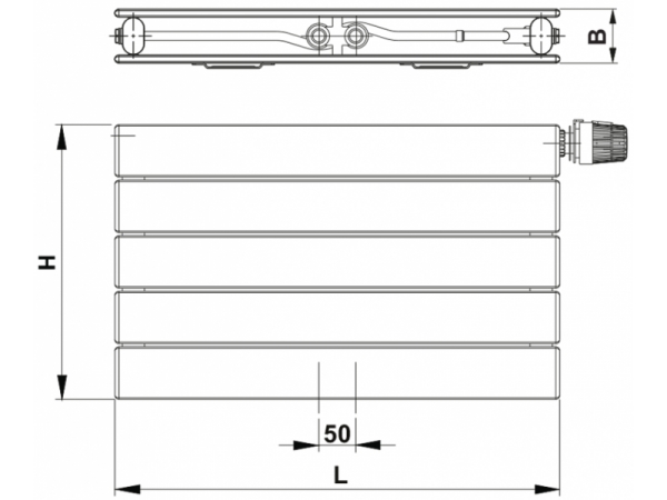 KORATHERM HORIZONTAL VKM - Design radiators with horizontally aligned profiles, bottom middle connection, built-in distribution pipeline and an inserted valve